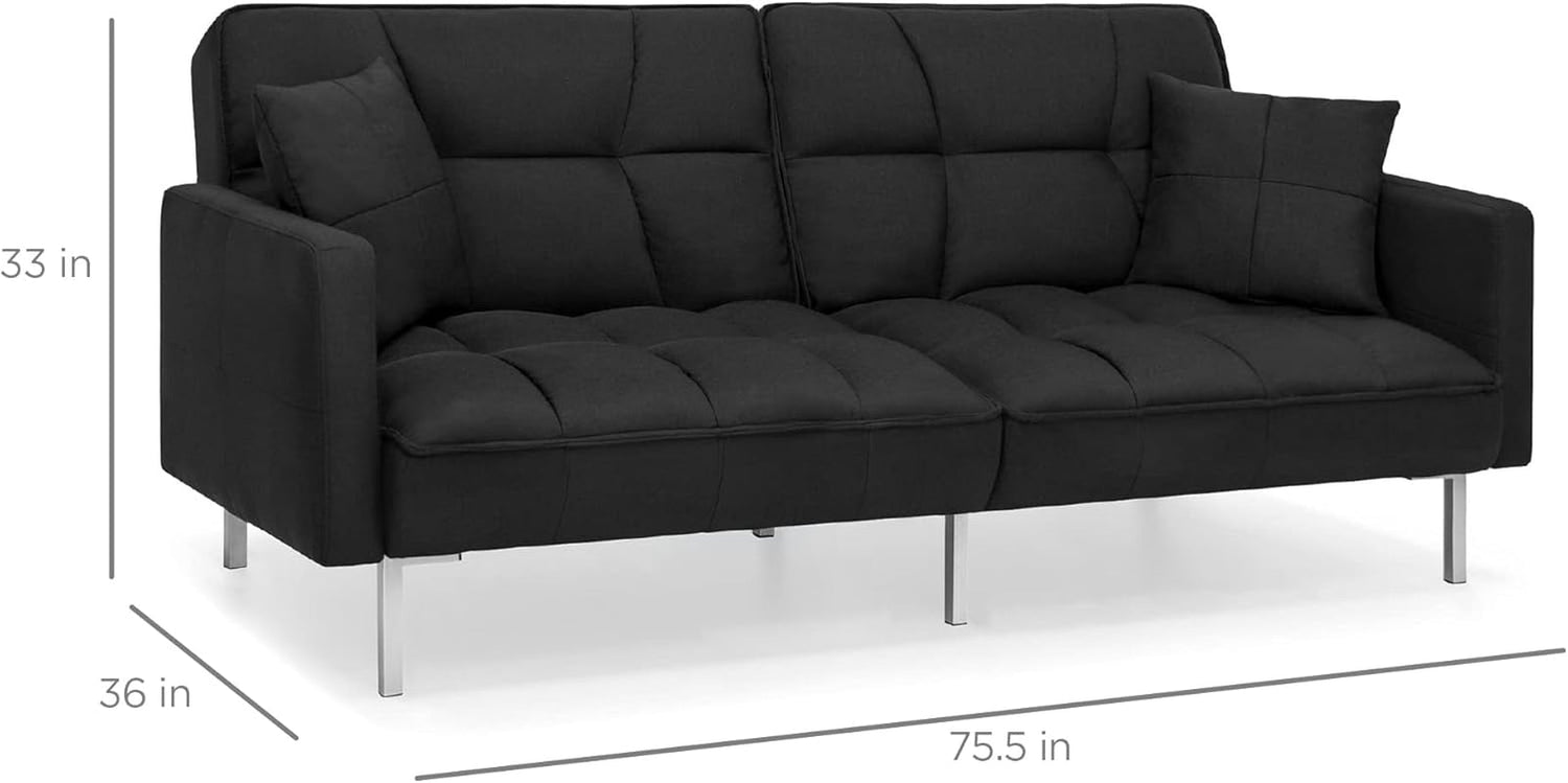 Convertible Linen Fabric Tufted Split-Back Plush Futon Sofa Furniture for Living Room, Apartment, Bonus Room, Overnight Guests W/ 2 Pillows, Wood Frame, Metal Legs - Black