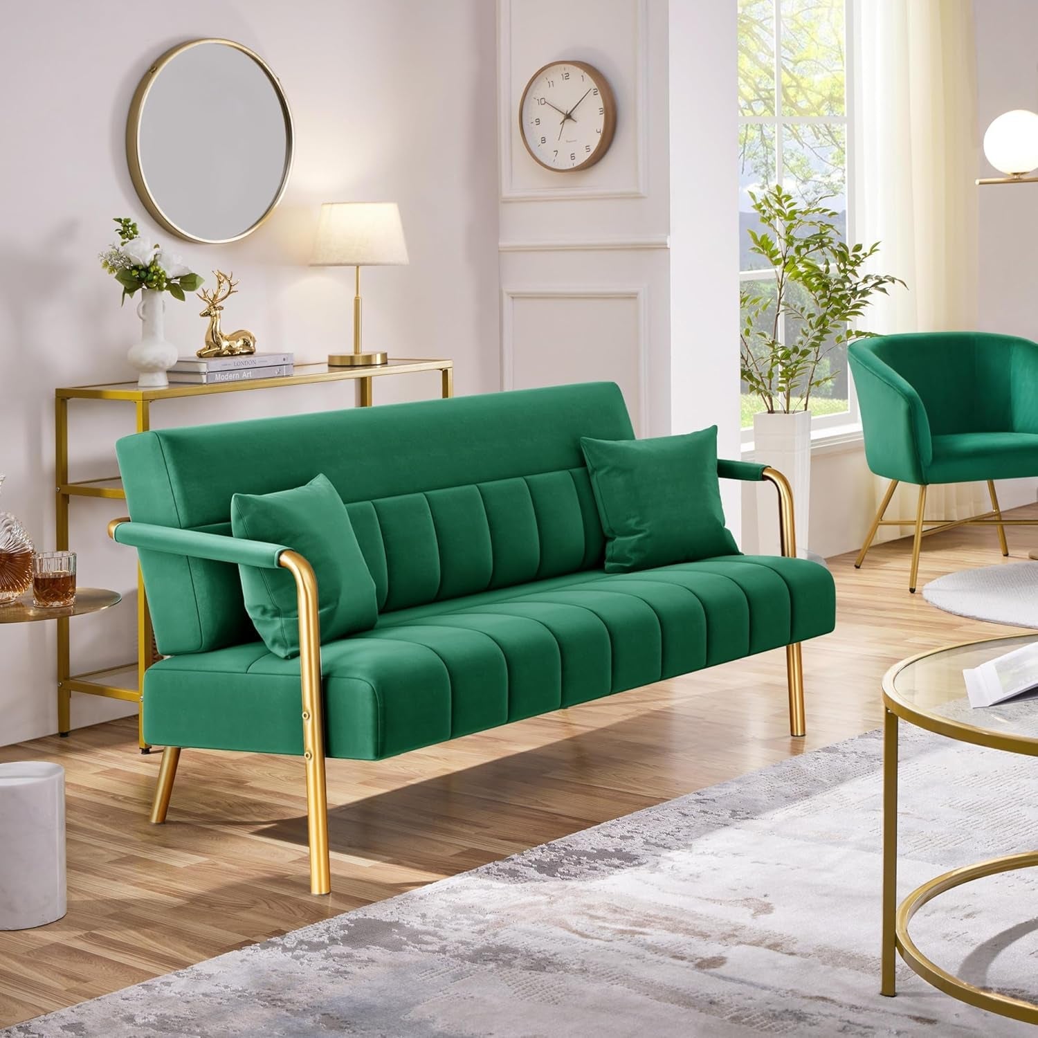 56.5&quot; W Modern Sofa Small Sofa Luxurious Velvet Fabric Couch with Gold-Tone Metal Arms and Legs for Living Room, Home Office, Studio Green