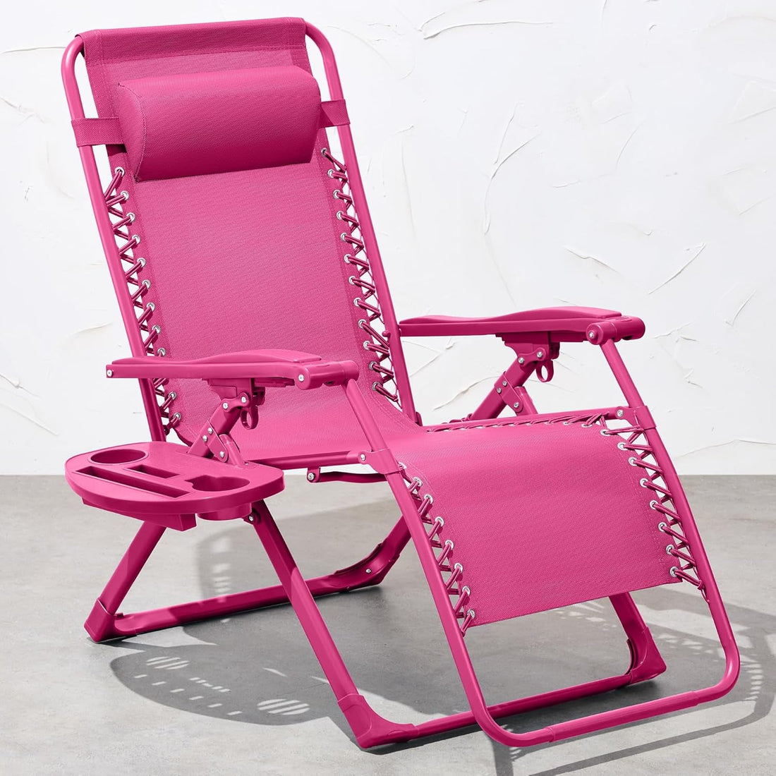 Adjustable Zero Gravity Chair, Monochromatic Color Folding Patio Recliner W/Side Tray, Headrest - Hot Pink