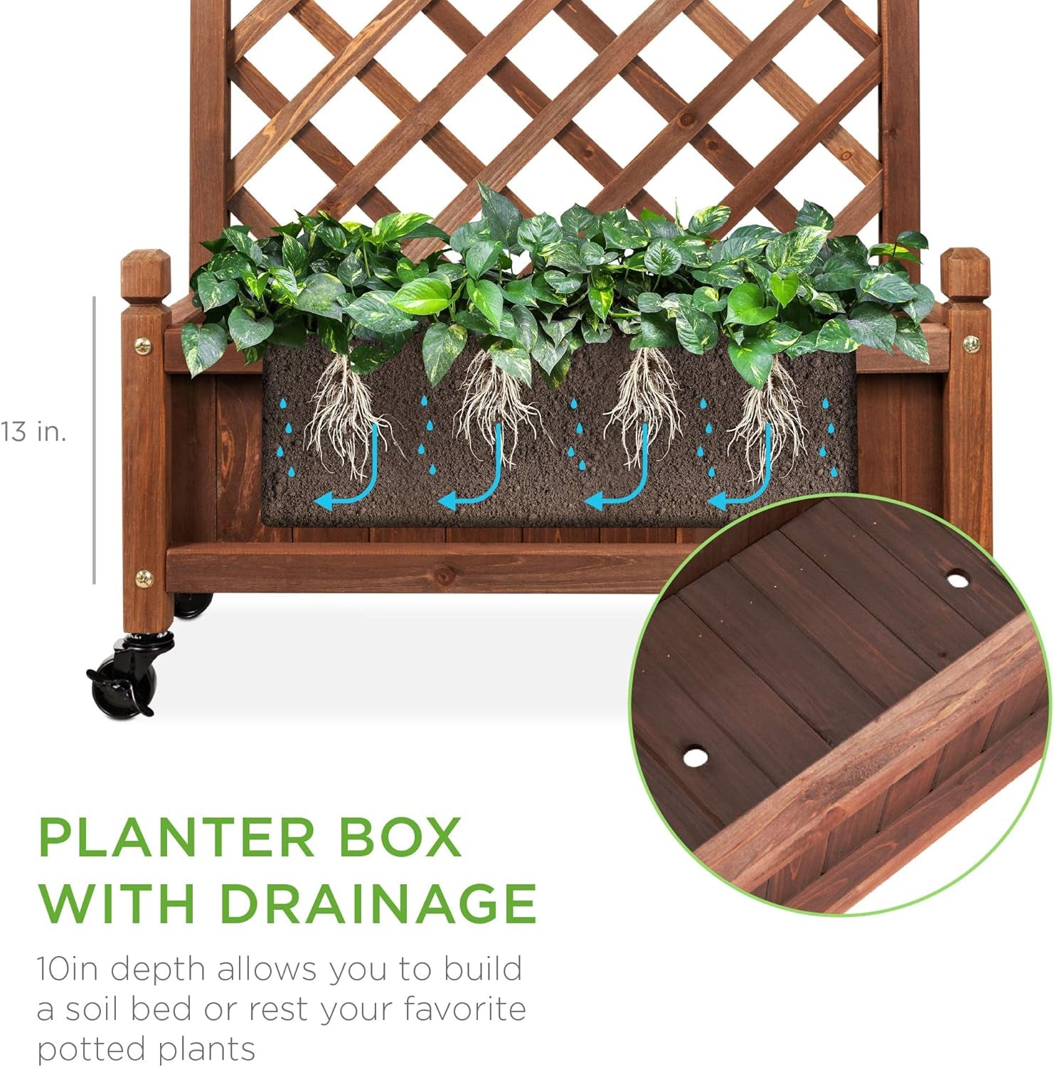 60In Wood Planter Box &amp; Diamond Lattice Trellis, Mobile Outdoor Raised Garden Bed for Climbing Plants W/Drainage Holes, Optional Wheels - Walnut