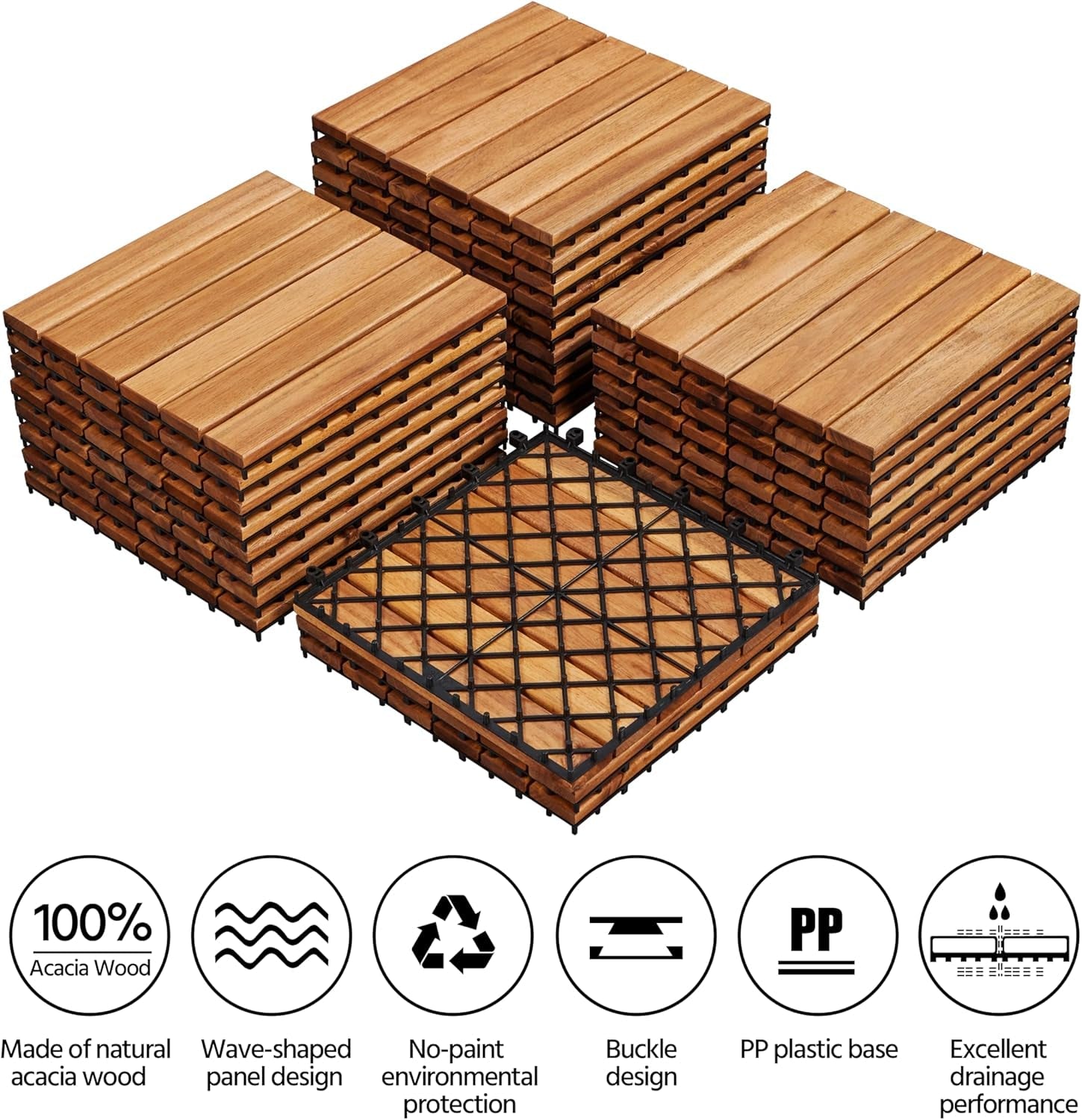 27PCS Acacia Wood Interlocking Flooring Tiles Waterproof Flooring for Outdoor &amp; Indoor Patio,Balcony,Garden,Poolside,12 × 12 In