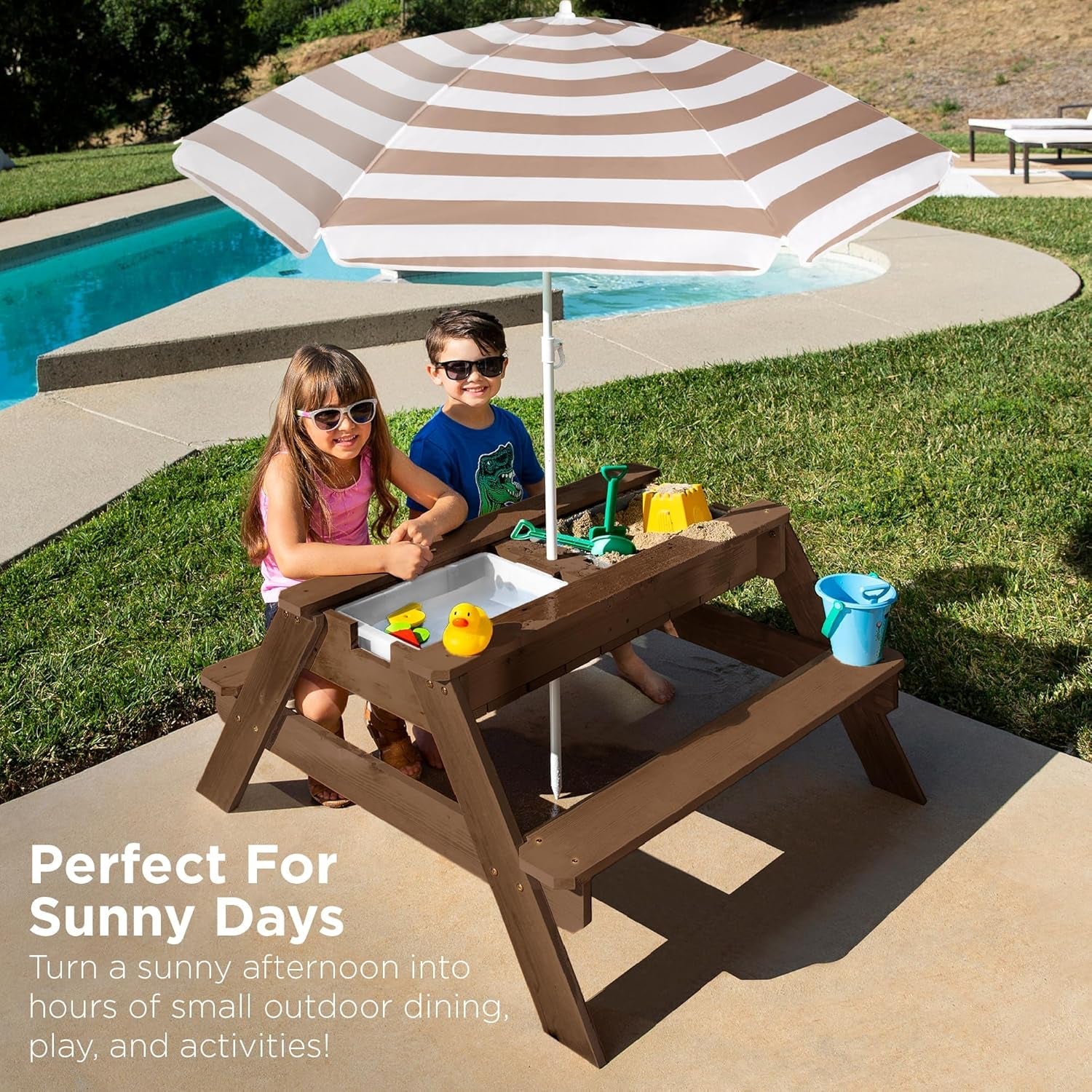 Kids 3-In-1 Sand &amp; Water Table, Wood Outdoor Convertible Picnic Table W/Umbrella, 2 Trays, Removable Top - Walnut/Beige