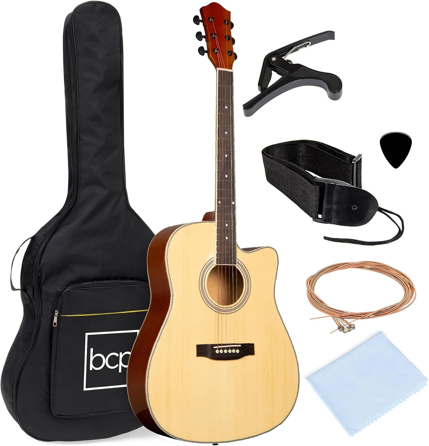 41In Beginner Acoustic Guitar Full Size All Wood Cutaway Guitar Starter Set Bundle with Case, Strap, Capo, Strings, Picks - Black