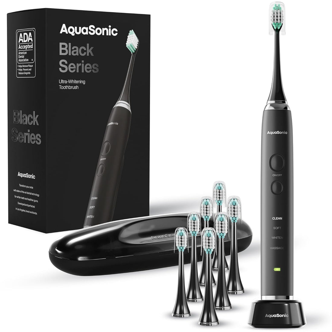 Black Series Ultra Whitening Toothbrush – ADA Accepted Electric Toothbrush- 8 Brush Heads &amp; Travel Case – 40,000 VPM Electric Motor &amp; Wireless Charging - 4 Modes W Smart Timer