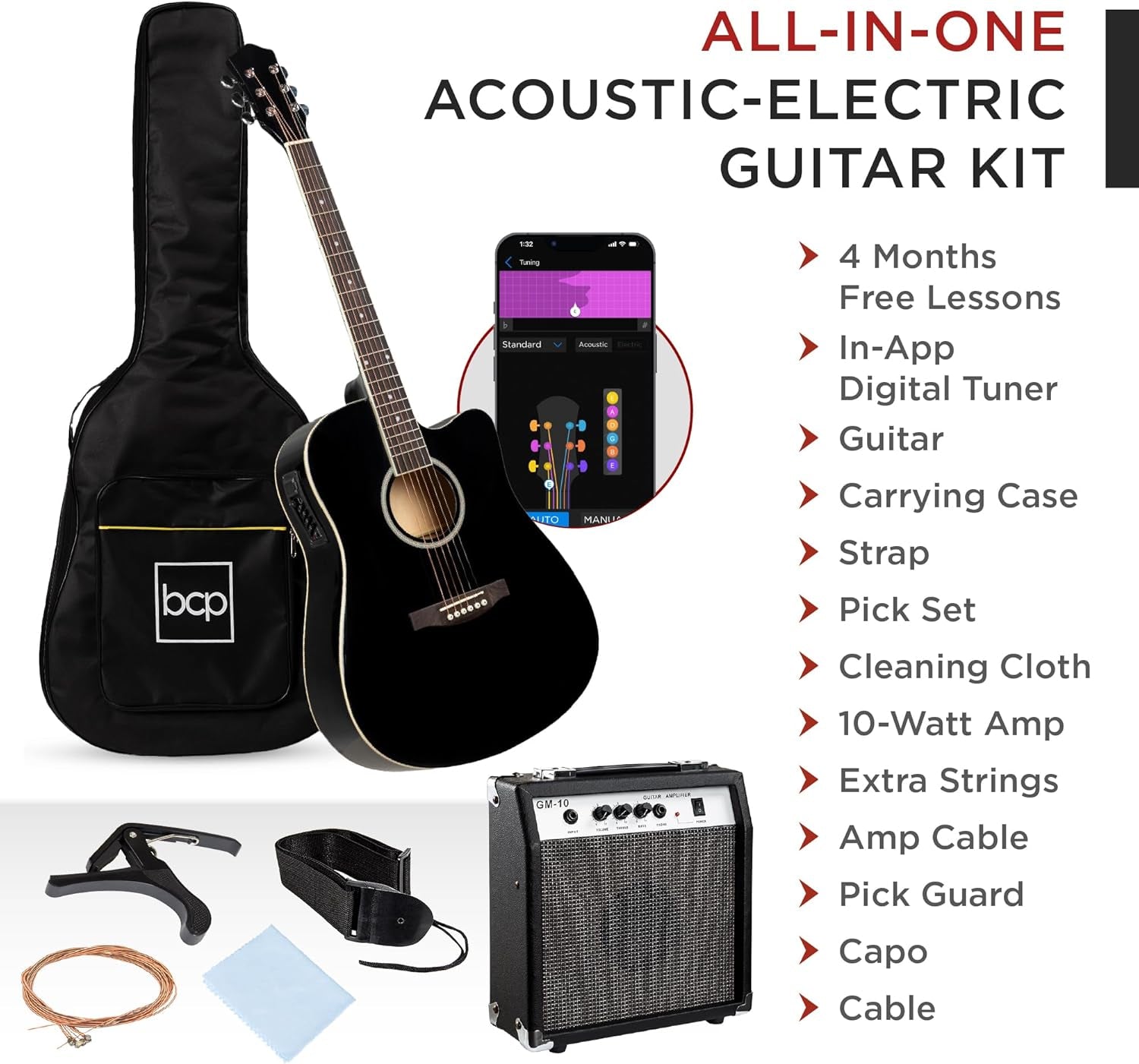 Beginner Acoustic Electric Guitar Starter Set W/ 41In, All Wood Cutaway Design, Case, Strap, Picks - Black