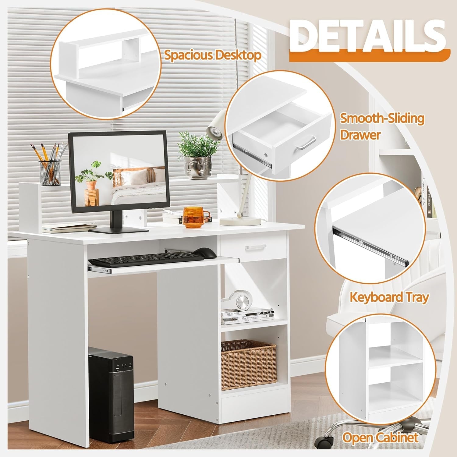 Home Office Wood Computer Desk with Keyboard Tray and Drawers, Students Writing Table with Storage Drawers &amp; Hutch, Modern PC Laptop Desk, Multifunctional Workstation, White