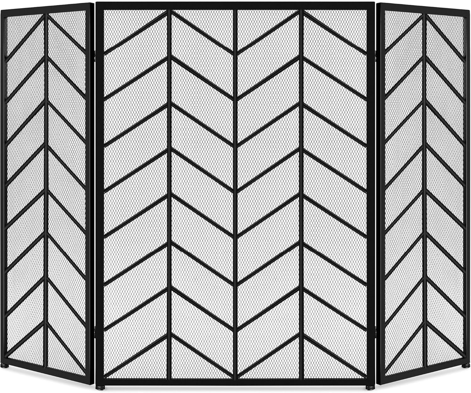 52X31In 3 Panel Chevron Fireplace Screen, Mid Century Modern Wrought Iron Hand Crafted Fire Place Guard for Living Room Home Decor, Steel Mesh - Gold