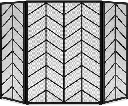 52X31In 3 Panel Chevron Fireplace Screen, Mid Century Modern Wrought Iron Hand Crafted Fire Place Guard for Living Room Home Decor, Steel Mesh - Gold