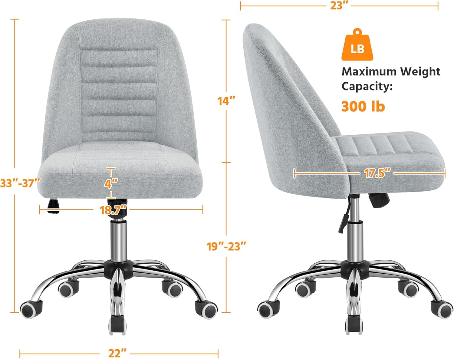 Home Office Desk Chairs, Modern Armless Vanity Chair, Mid Back Desk Chair, Linen Fabric Computer Task Chair with Rolling Wheels, Metal Base