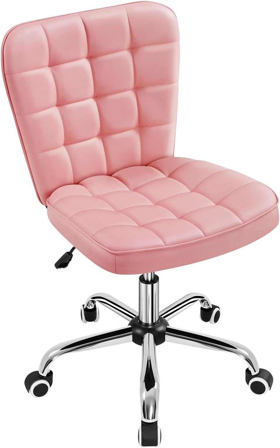 Armless Desk Chair Modern Tufted Office Chair Faux Leather Upholstered Computer Chair with Adjustable Seat Height and Rolling Wheels for Home/Office, White