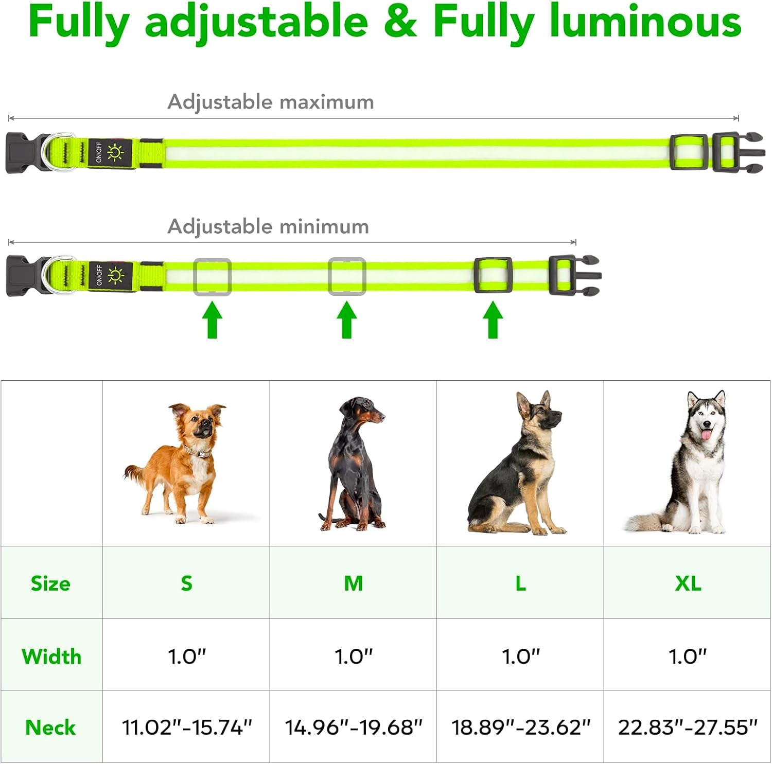 LED Dog Collar, Light up Dog Collar Adjustable USB Rechargeable Super Bright Safety Light Glowing Collars for Dogs(X-Large,Green)