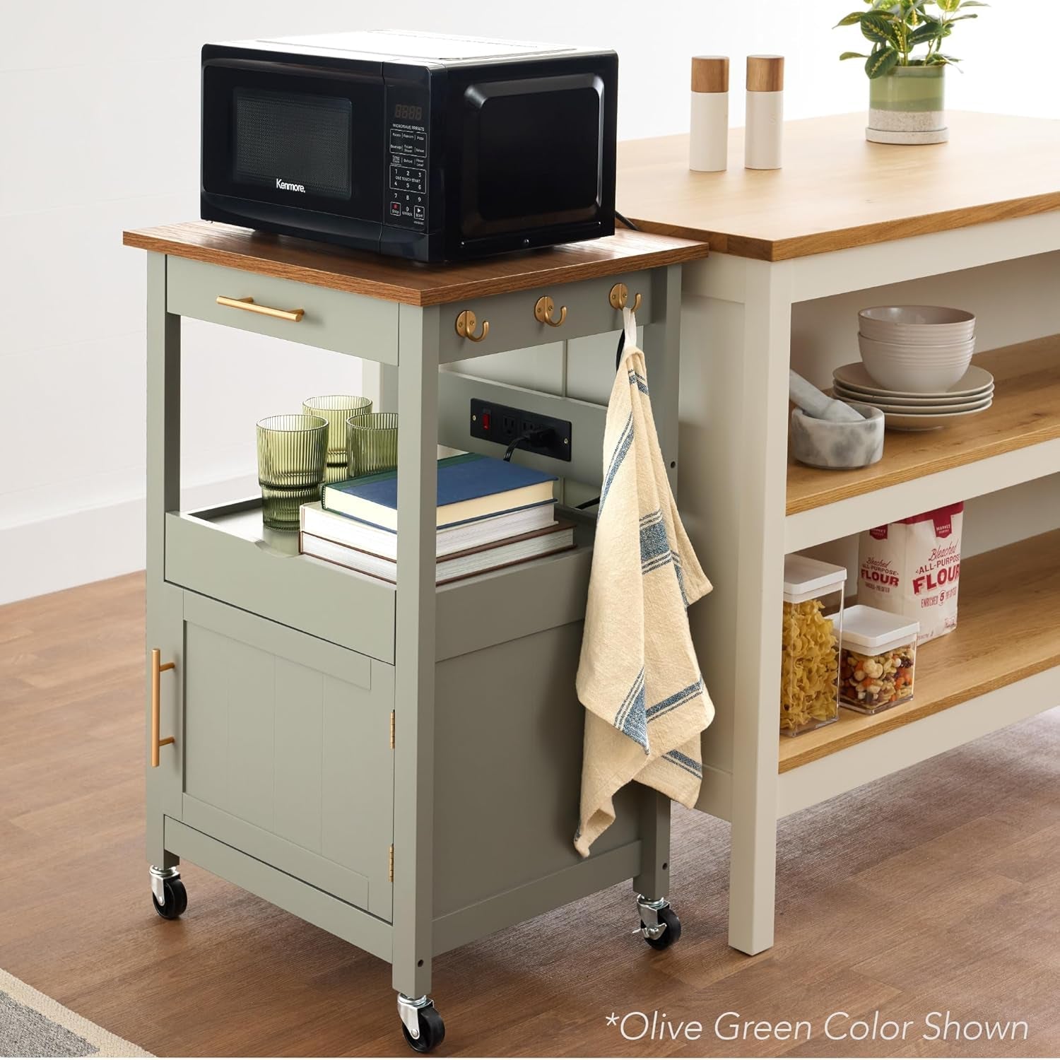 Rolling Kitchen Island Cart, Single Door Cabinet W/Drawer, Sliding Tray, Hidden Outlet, Hooks, &amp; Lockable Wheels - Onyx Black