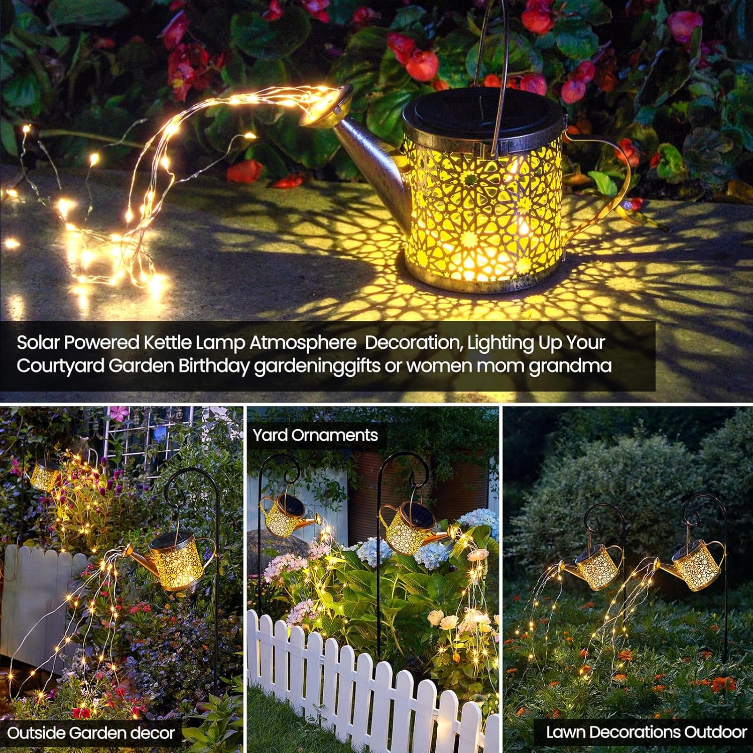 Solar Lights Outdoor Decorative, Metal Solar Watering Can Lights Waterproof, Small Hanging Solar Garden Decor Yard Lights outside Patio Lawn, Gifts for Mom Grandma Women Birthday(Warm White)