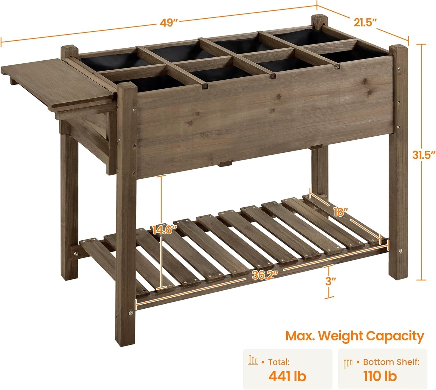 49X22X32In 8 Pockets Horticulture Raised Garden Bed Elevated Wood Planter Box Stand with Foldable Side Table and Storage Shelf for Herb/Vegetables/Flowers