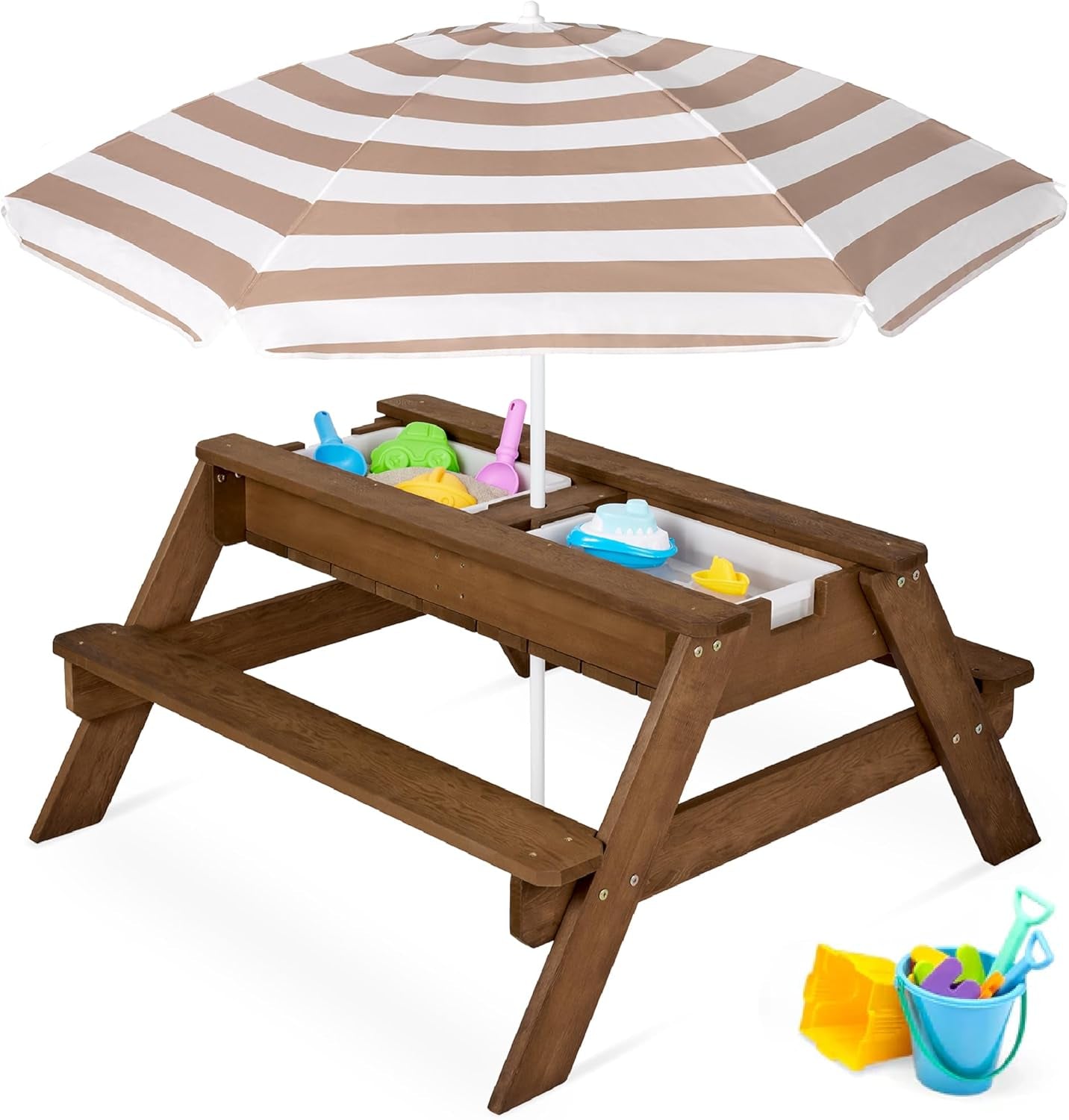 Kids 3-In-1 Sand &amp; Water Table, Wood Outdoor Convertible Picnic Table W/Umbrella, 2 Trays, Removable Top - Walnut/Beige