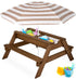 Kids 3-In-1 Sand & Water Table, Wood Outdoor Convertible Picnic Table W/Umbrella, 2 Trays, Removable Top - Walnut/Beige