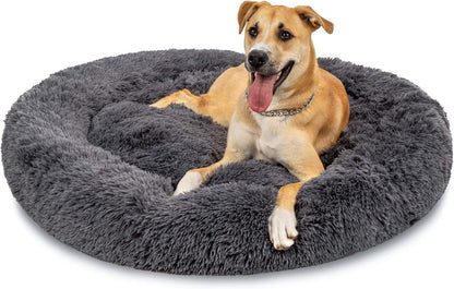 45In Dog Bed Self-Warming Plush Shag Fur Donut Calming Pet Bed Cuddler W/Water-Resistant Lining, Raised Rim - Brown