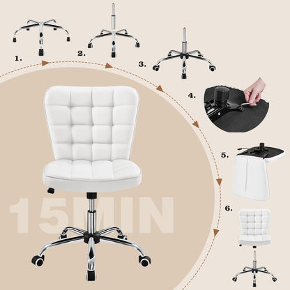 Armless Desk Chair Modern Tufted Office Chair Faux Leather Upholstered Computer Chair with Adjustable Seat Height and Rolling Wheels for Home/Office, White