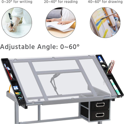 Drawing Desk Adjustable Glass Drafting Study Table for Diamond/Versatile Art Craft Station W/ 2 Slide Rolling Wheels and Drawers for Artist Painters Home Office