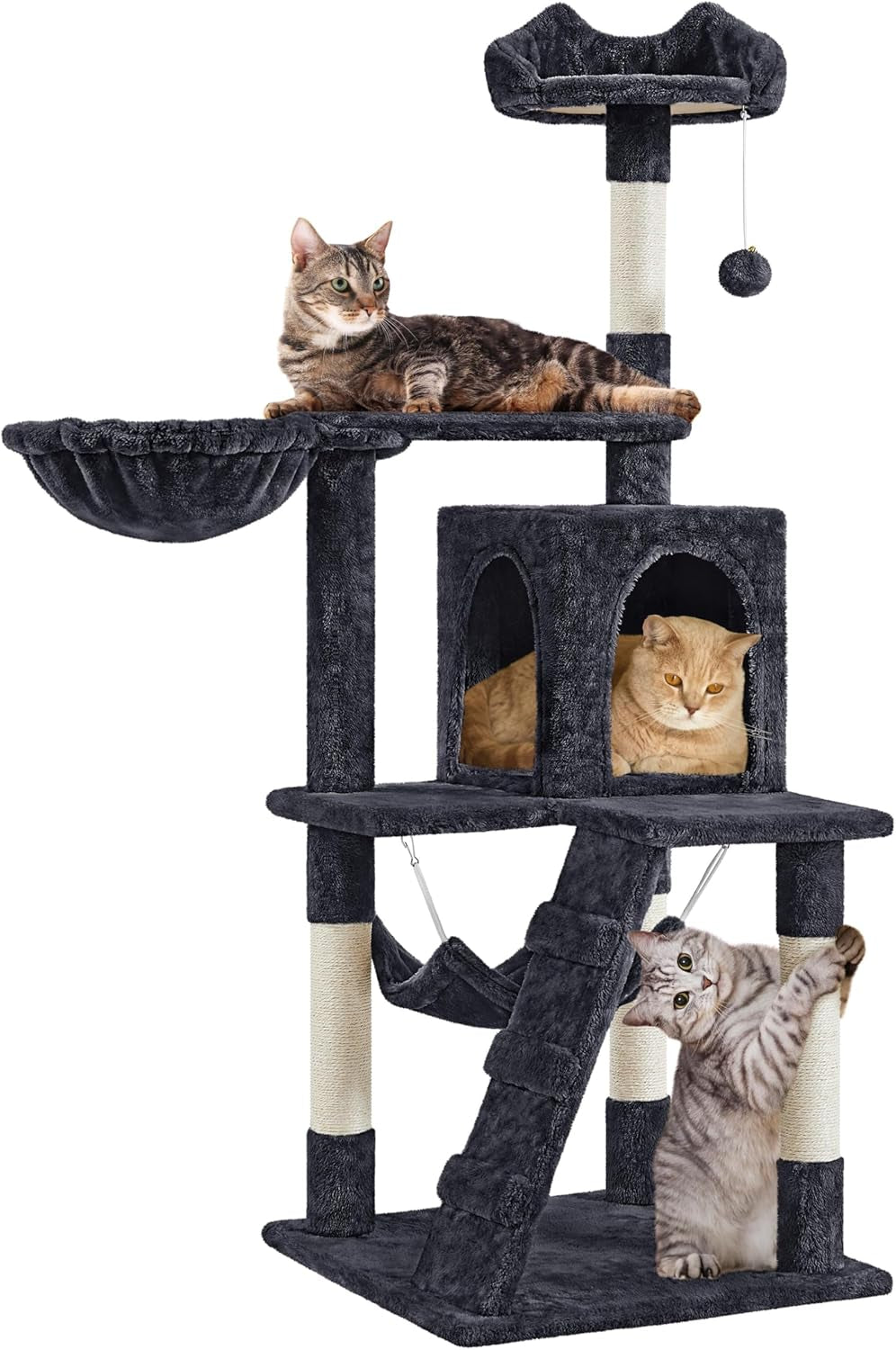 Cat Tree, 54In Tall Cat Tower for Indoor Cats, Multi-Level Cat Furniture with Extended Platform &amp; Basket, Spacious Cat Condo, Funny Hammock, Scratching Posts and Ladder for Kittens