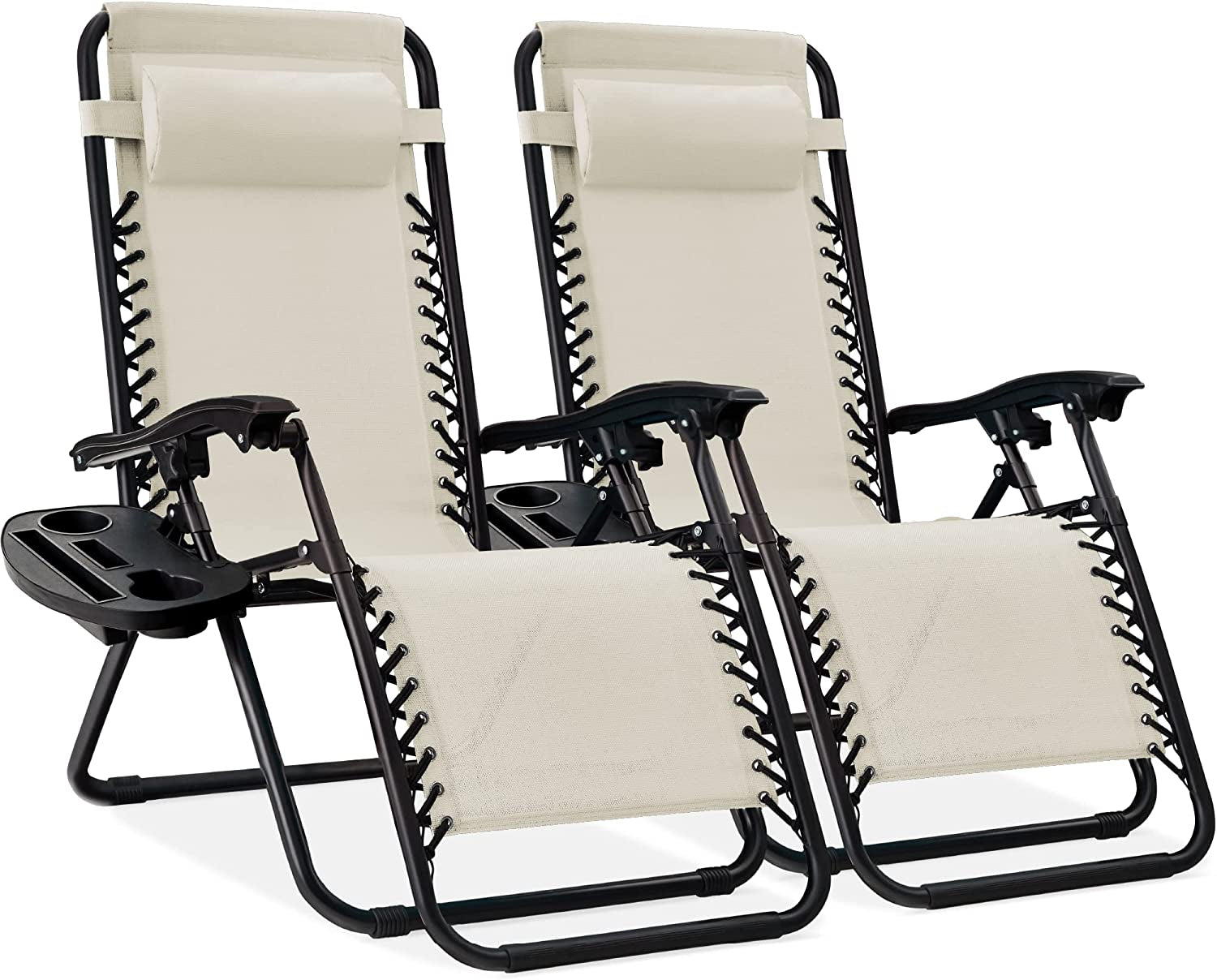 Set of 2 Adjustable Steel Mesh Zero Gravity Lounge Chair Recliners W/Pillows and Cup Holder Trays - Black