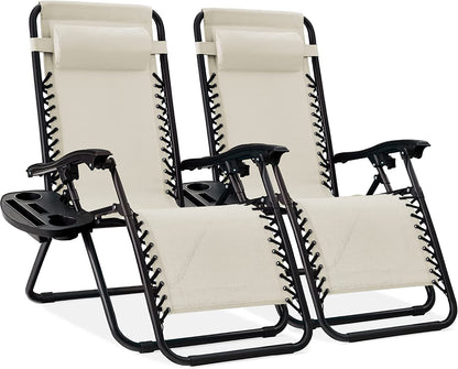 Set of 2 Adjustable Steel Mesh Zero Gravity Lounge Chair Recliners W/Pillows and Cup Holder Trays - Black