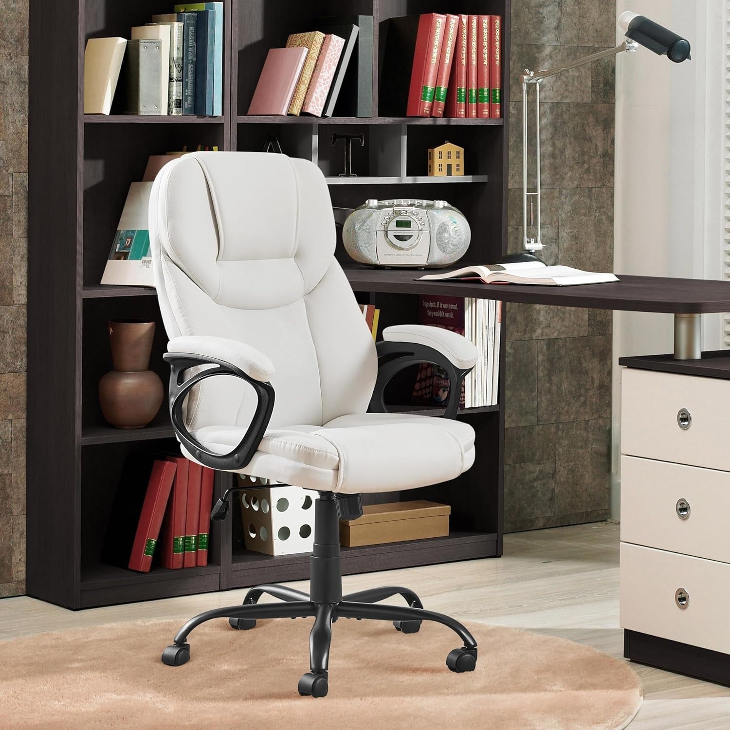 High Back Executive Chair Faux Leather Managerial Chair Ergonomic Task Chair Computer Meeting Chair Large Seat Swivel Chair, Sturdy Metal Base,White