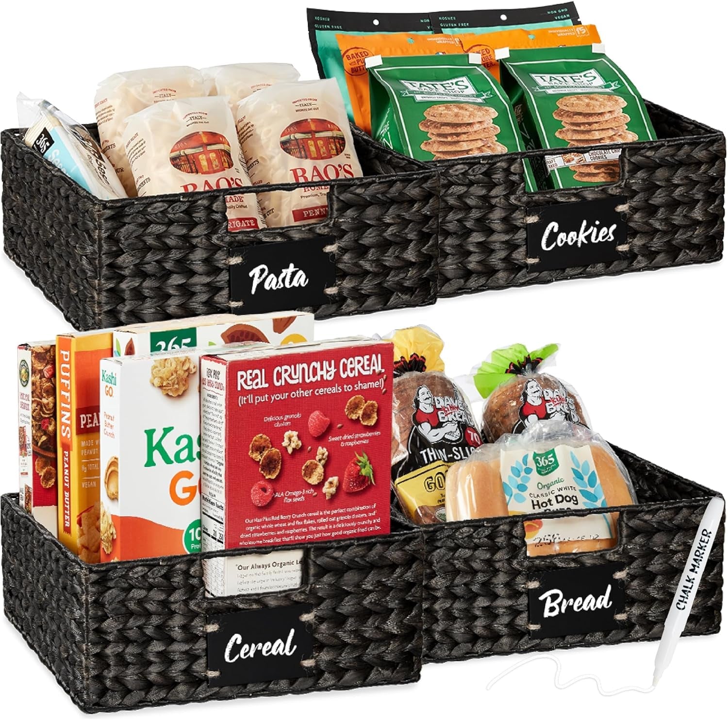 Set of 4 9X12In Water Hyacinth Pantry Baskets, Woven Kitchen Organizers W/Chalkboard Label, Chalk Marker - Natural