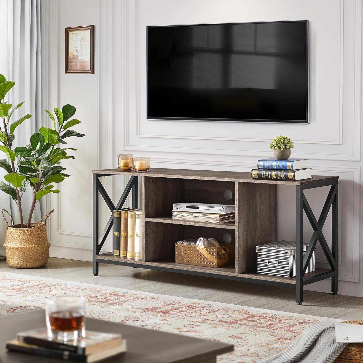 TV Stand for 65 Inch TV, Media Entertainment Center with Storage Shelves for Living Room, TV Console Table for Bedroom, Taupe Wood