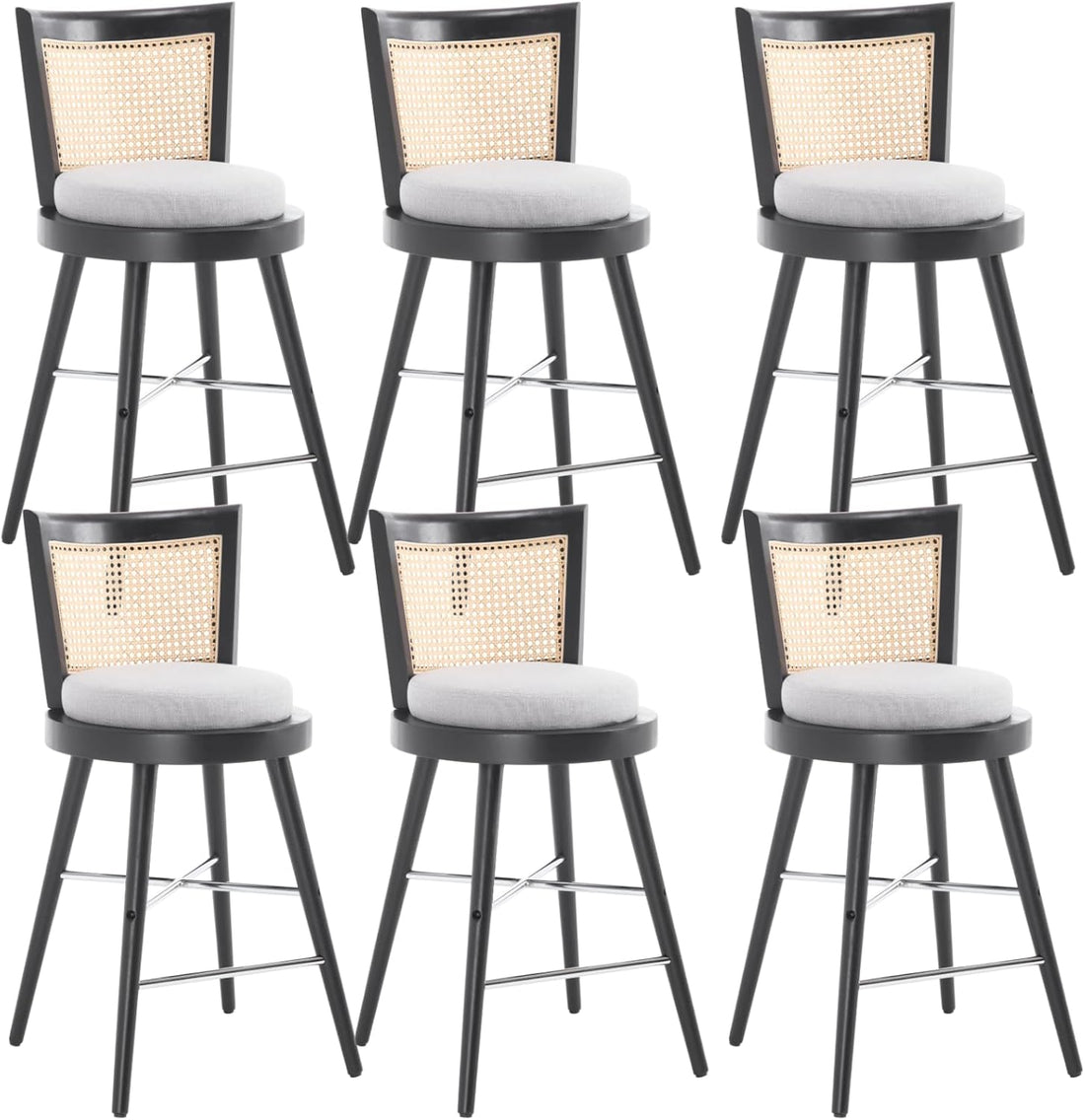 26 Inch Farmhouse Rattan Bar Stools Set of 6, Modern Upholstered Counter Height Barstools with Back and Footrest, Black Wood Kitchen Island Stool Chairs, Grey Linen