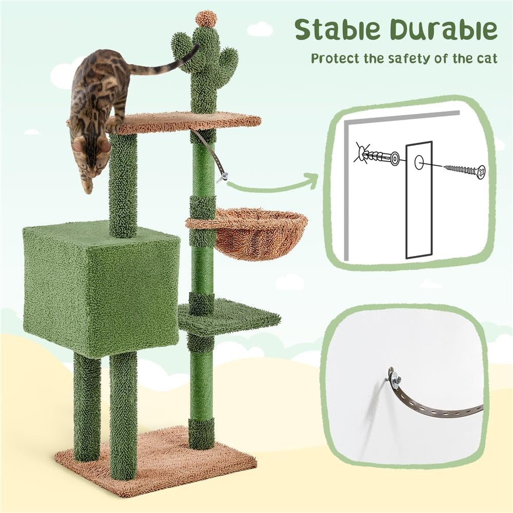 Cactus Cat Tree, 52.5In Cat Tower for Indoor Cats, Large Cat Condo Multi-Leve Scratching Post, Cat Climbing Tree with Basket, Platform, Cat Activity Center Play House Furniture, Green/Brown