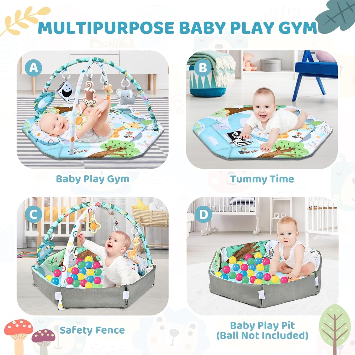 Baby Gym Play Mat, 8-In-1 Tummy Time Mat &amp; Ball Pit with 6 Toys, Washable Baby Activity Play Mat for Visual, Hearing, Sensory, Motor Development, Baby Toys Gift for Toddler Infant 0-3-6-9-12 Months