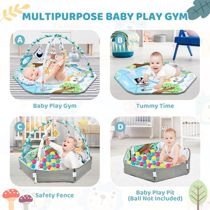 Baby Gym Play Mat, 8-In-1 Tummy Time Mat &amp; Ball Pit with 6 Toys, Washable Baby Activity Play Mat for Visual, Hearing, Sensory, Motor Development, Baby Toys Gift for Toddler Infant 0-3-6-9-12 Months