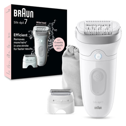 Epilator Silk-Épil 7, Hair Removal Device, Women Shaver &amp; Trimmer, Wet and Dry, Wide Head, Includes Shaver Head and Trimmer Comb, SE7-041, Silver