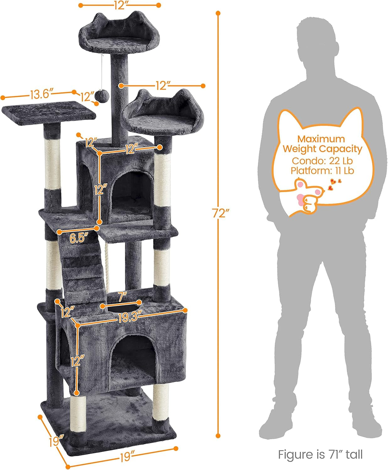 XL Cat Tree, 72In Multi-Level Cat Tower with 2 Cozy Caves, 3 Soft Perches, Scratching Posts, Board, and Dangling Ball, Cat Furniture Cat Play House Kittens, Dark Gray