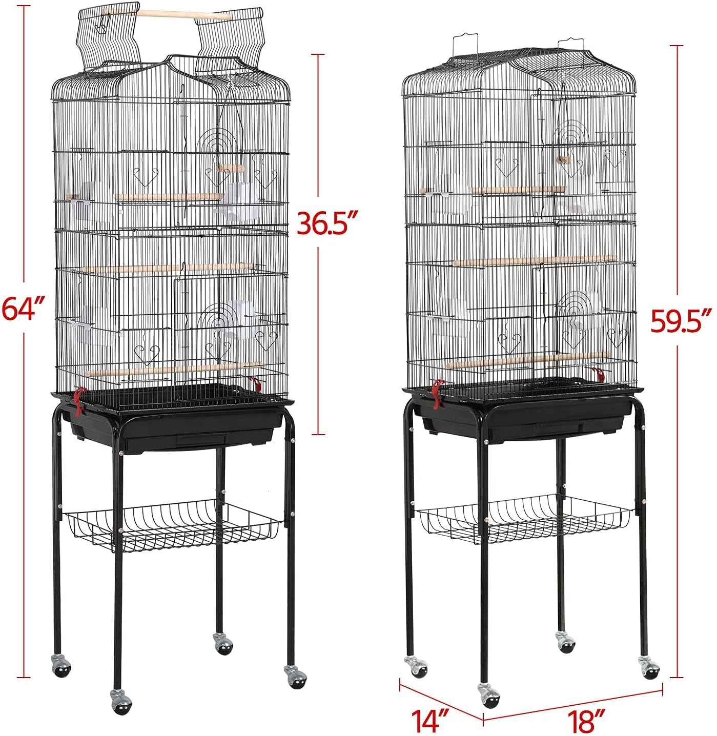 64-Inch Play Open Top Medium Small Bird Cage with Detachable Rolling Stand for Parrot Lovebirds Finches Canaries Parakeets Cockatiels Budgie Parrotlet Conures