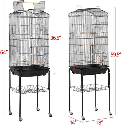 64-Inch Play Open Top Medium Small Bird Cage with Detachable Rolling Stand for Parrot Lovebirds Finches Canaries Parakeets Cockatiels Budgie Parrotlet Conures