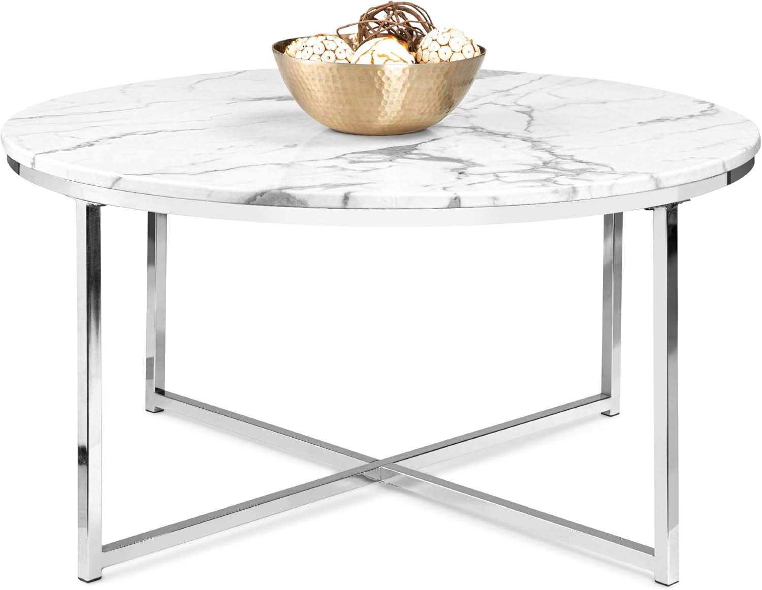 36In Faux Marble Accent Table, Modern End Table, Large Coffee Table Home Decor for Living Room, Dining Room, Tea, Coffee W/Metal Frame, Foot Caps, Designer - White/Gold