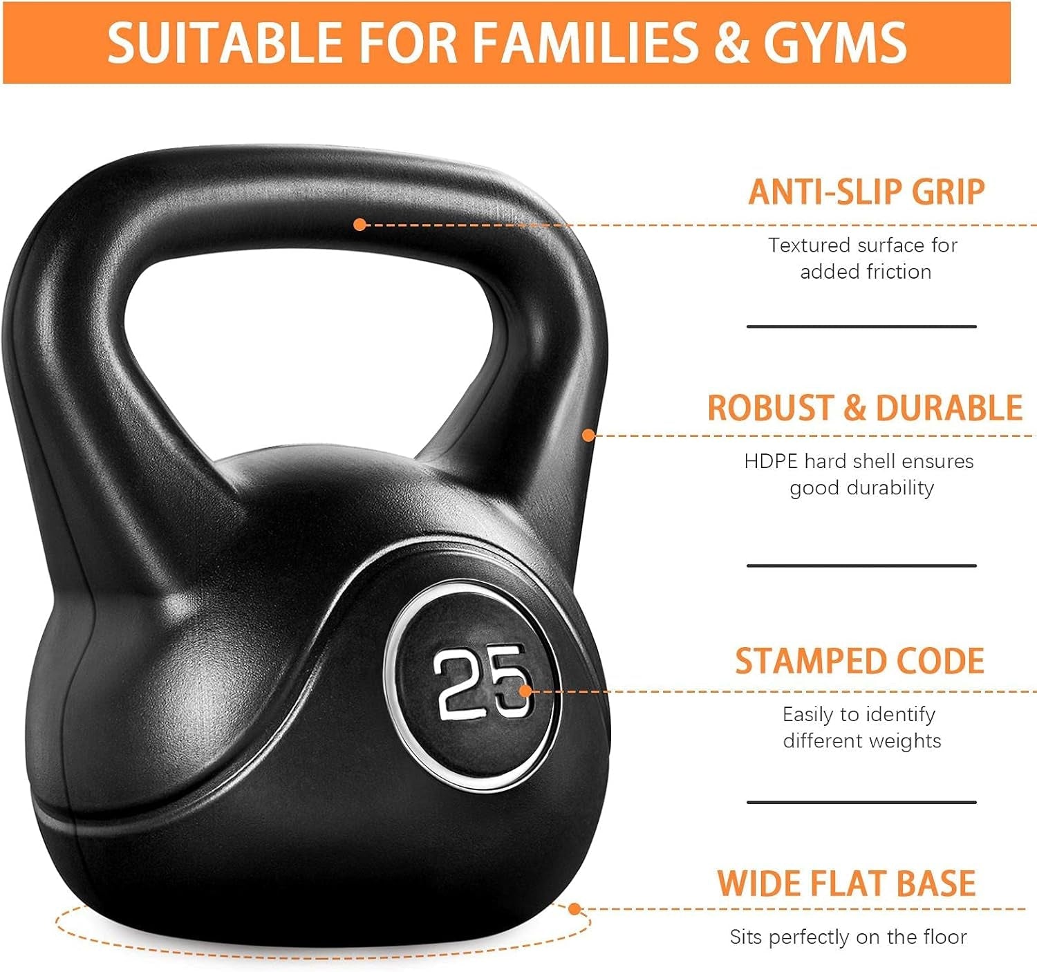 25Lbs Kettlebell Weight W/Hdpe Coated &amp; Wide Flat Base, Kettle Bell Weights W/Ergonomic Handle for Home Gym Fitness Workout Bodybuilding Weight Lifting, Black