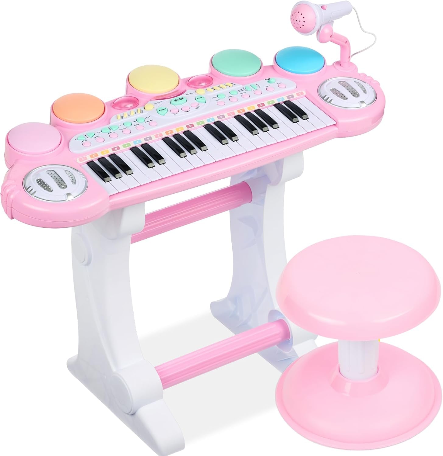 37-Key Kids Electronic Musical Instrument Piano Learning Toy Keyboard W/Multiple Sounds, Lights, Microphone, Stool - Blue