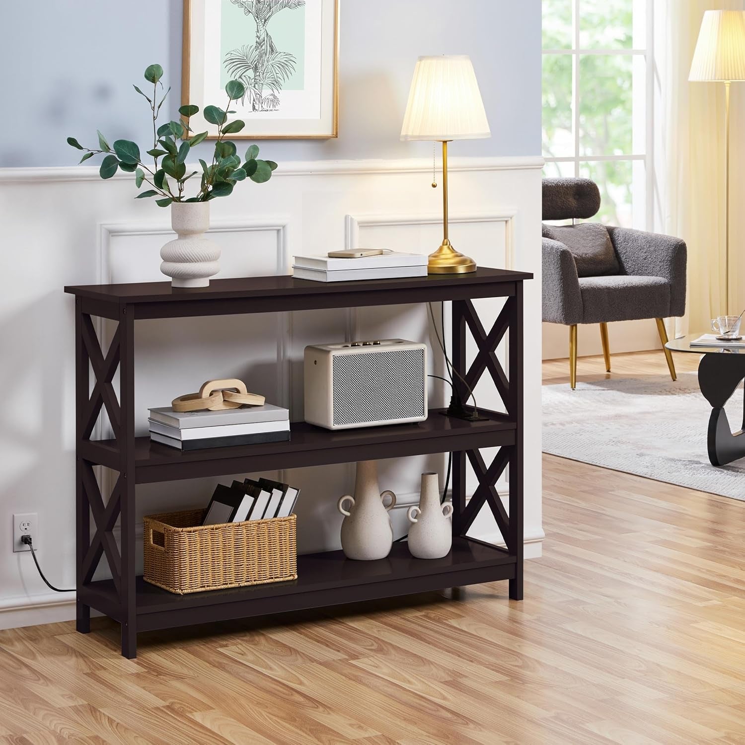 TV Stand with Power Outlet, Entertainment Center for TV up to 45 Inch, 3-Tier Media Console Table with Open Storage Shelves for Bedroom/Living Room/Hallway Espresso