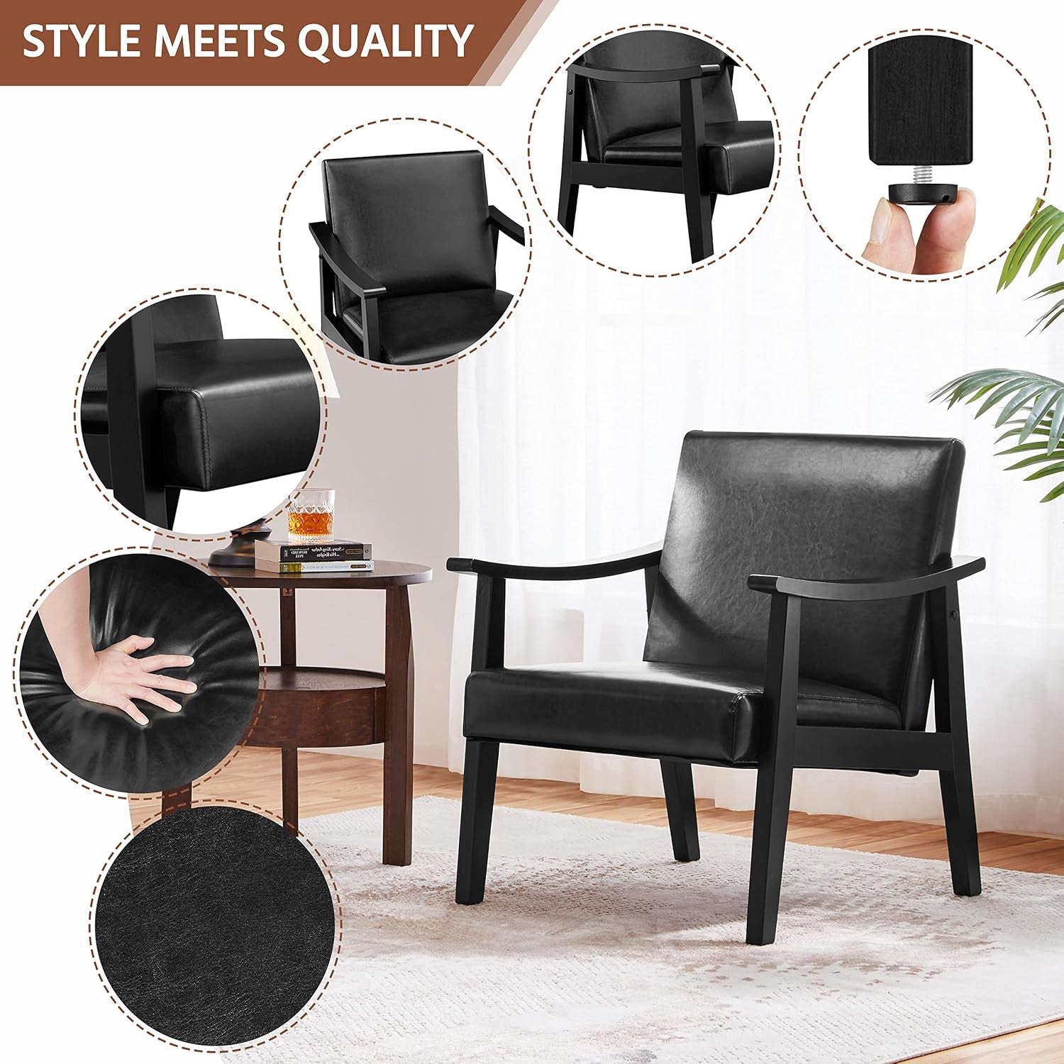 PU Leather Accent Chair, Mid-Century Modern Armchair with Solid Wood Legs, Reading Leisure Chair with High Back for Living Room Bedroom Waiting Room, Black