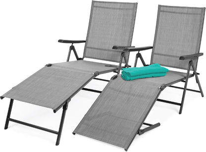 Set of 2 Outdoor Patio Chaise Lounge Chair Adjustable Reclining Folding Pool Lounger for Poolside, Deck, Backyard W/Steel Frame, 250Lb Weight Capacity - Brown