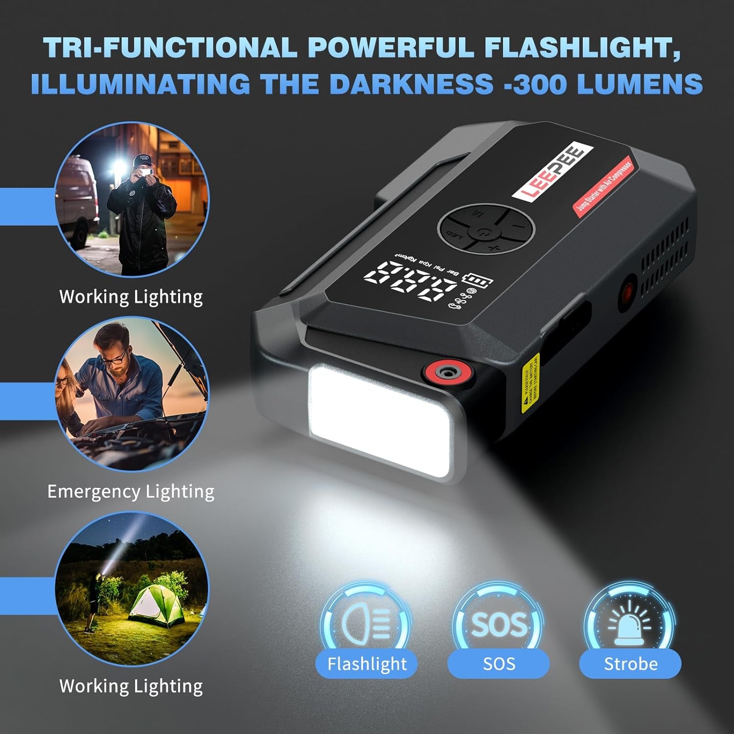 TM16K Car Jump Starter with Air Compressor, 12V Power Bank for 9L Gas &amp; 8L Diesel Engines, 3000Amps 150PSI Car Battery Booster with 3 Modes Flashlight, LCD Display Car Battery Jump Starter