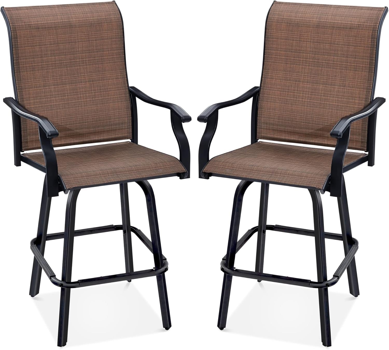 Set of 2 Swivel Barstools, Bar Height Outdoor Chairs, 360 Rotating Patio Bar Stools W/All-Weather Mesh, 300Lb Capacity - Tan