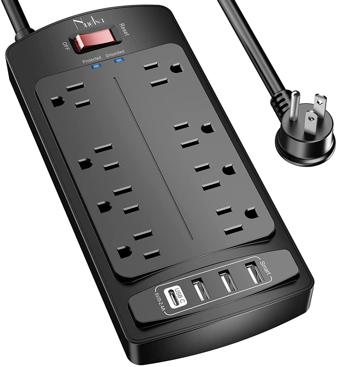 Surge Protector Power Strip -  Flat Plug Extension Cord with 8 Outlets and 4 USB Ports, 6 Feet Power Cord (1625W/13A), 2700 Joules, ETL Listed, Black