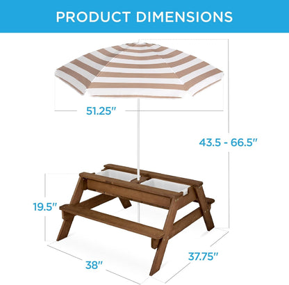 Kids 3-In-1 Sand &amp; Water Table, Wood Outdoor Convertible Picnic Table W/Umbrella, 2 Trays, Removable Top - Walnut/Beige