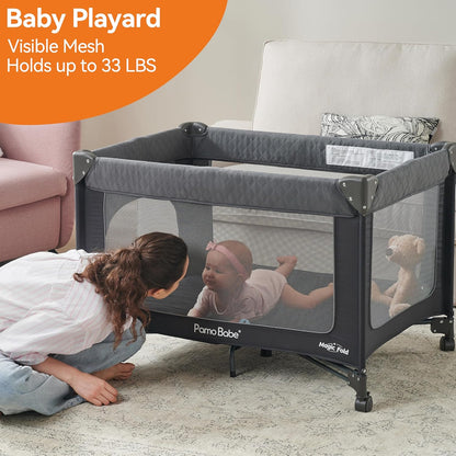 3-In-1 Baby Playard, Basic Magic Fold Nursery Center with Bassinet &amp; Zip Door &amp; Changing Table, One Second to Set Play Yard