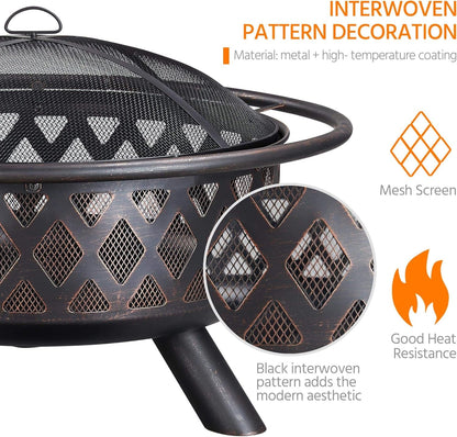 Fire Pit 36In Outdoor Wood Burning Fire Pits Wood Large Fire Bowl for outside BBQ Bonfire Patio with Mesh Spark Screen, Poker and Rain Cover