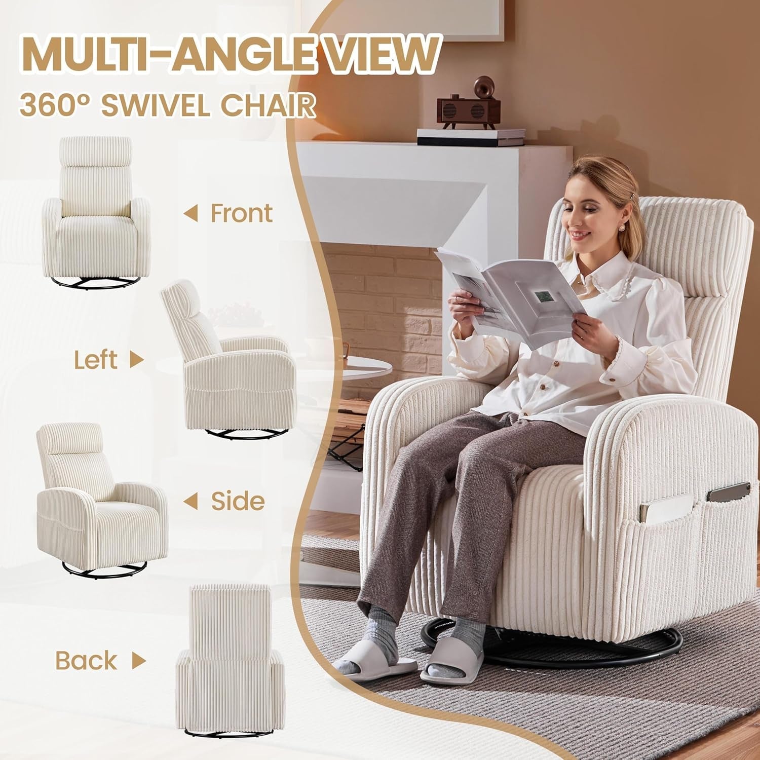 360° Swivel Glider Chair for Nursery, Rocking Chair Nursing Chair with Side Pockets, Corduroy Glider for Living Room with High Back Beige